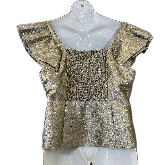 Cache Cocktail Party Blouse women’s Size XL Gold metallic peplum hem Lined - Picture 2 of 9
